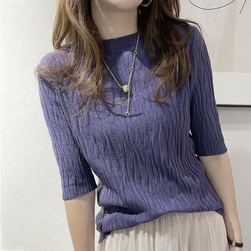 Top Trends: Korean Fashion Folds Solid Color Knitted T-shirt 2023 Casual All-match Short Sleeve Slim Pullovers Tops Summer Women's Clothing Shoppable Styles