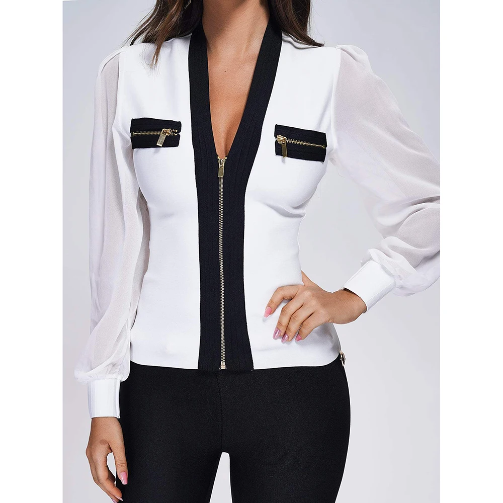 Top Trends: New Bandage Jackets 2023 New Bubble Long Sleeve Bodycon Women White Sexy V-neck Zipper Jacket Top Party Club Outfits Tops Shoppable Styles