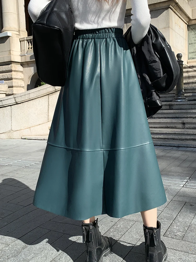 Top Trends: QOERLIN Soft PU Skirts Faux Leather Black Midi Skirt Black Green High Waist A-Line Big Hem Skirts Y2K Pocket Elastic Waist Saias Shoppable Styles - Image 2