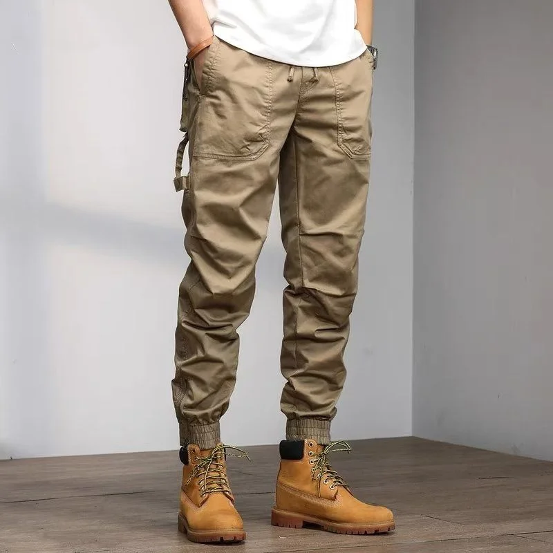 Top Trends: Classic Cotton Solid Color Pocket Cargo Pants Men's Fashion Brand Waist Drawstring Street Casual Male Slim Trousers Versatile Shoppable Styles - Image 2