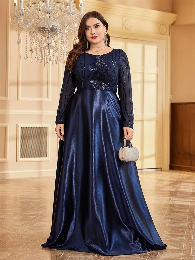 Top Trends: XUIBOL Plus Size New Luxury Blue Sequin O-Neck Evening Dress Women Long Sleeve Satin Wedding Party Maxi Cocktail Dress Prom Shoppable Styles