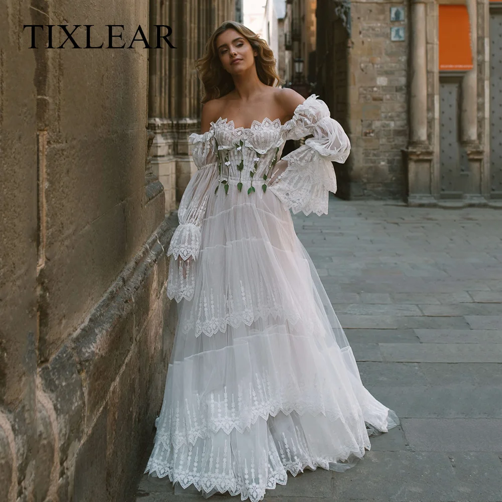 Top Trends: Tilxlear Modern A-Line Wedding Dress Strapless Illusion Long Puff Sleeves Backless Court Train Lace Bridal Gown Vestido De Noiva Shoppable Styles