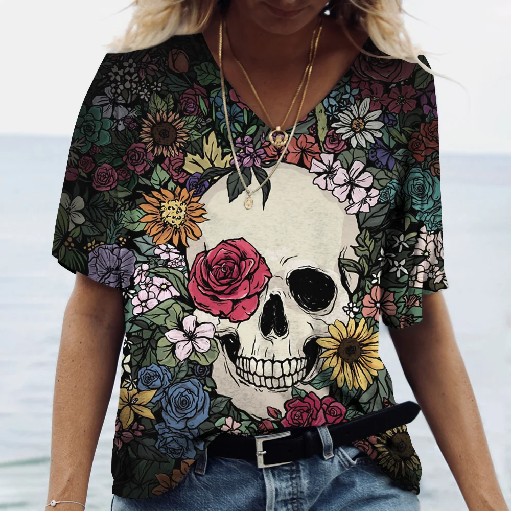 Top Trends: Vintage 3D Skull Printed Women's T Shirt Casual V-neck Short Sleeve Blouses Summer Trend Harajuku Pullover Loose Tops Funny Tee Shoppable Styles