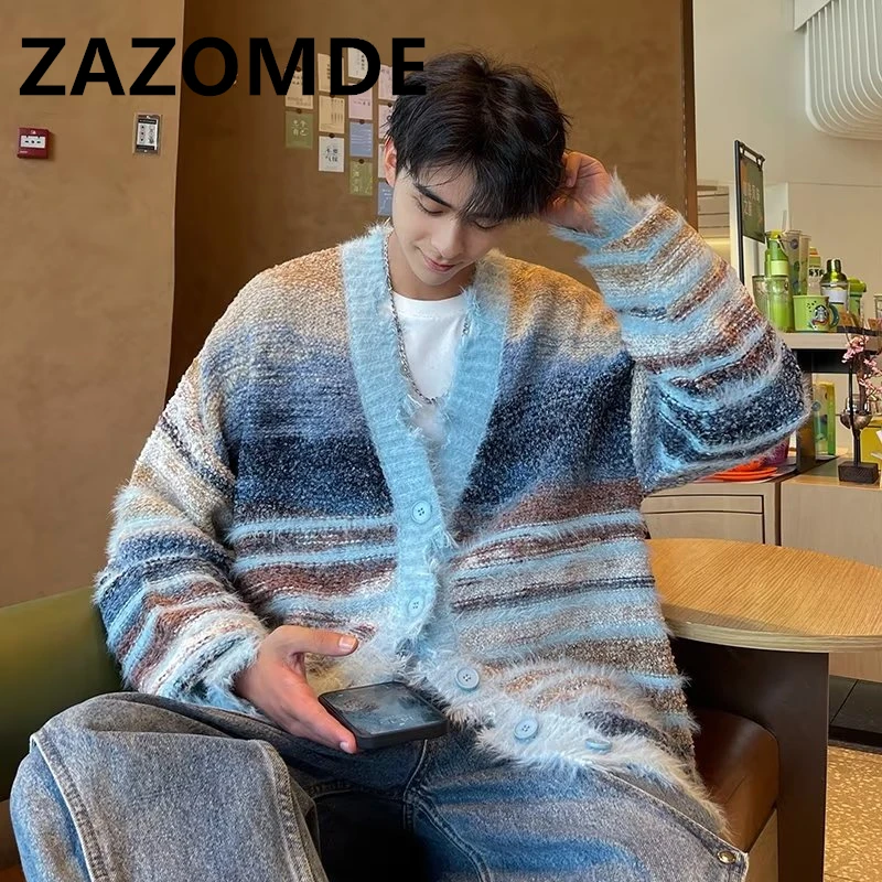 Top Trends: ZAZOMDE Winter Stripe Cardigan Sweater Knit Men Loose Couple Jumper Autumn Contrast Color Irregular Oversized Y2K Knitwear Coat Shoppable Styles - Image 4