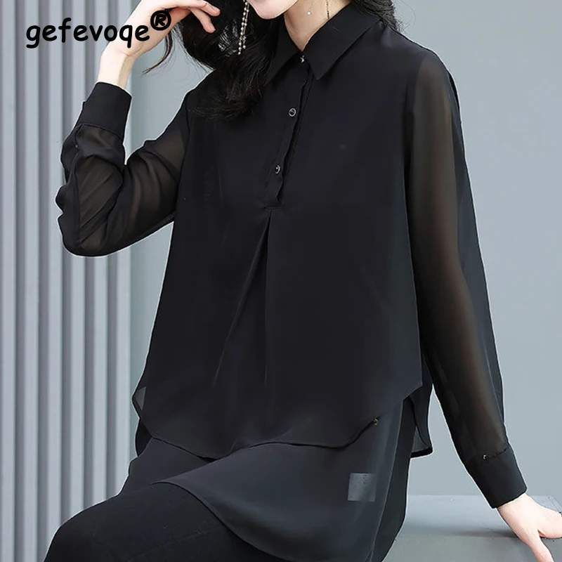 Top Trends: Spring Autumn Korean Style Black Elegant Fashion Double Layer Pullover Casual Chiffon Shirt Women Lapel Long Sleeve Blouse 5XL Shoppable Styles