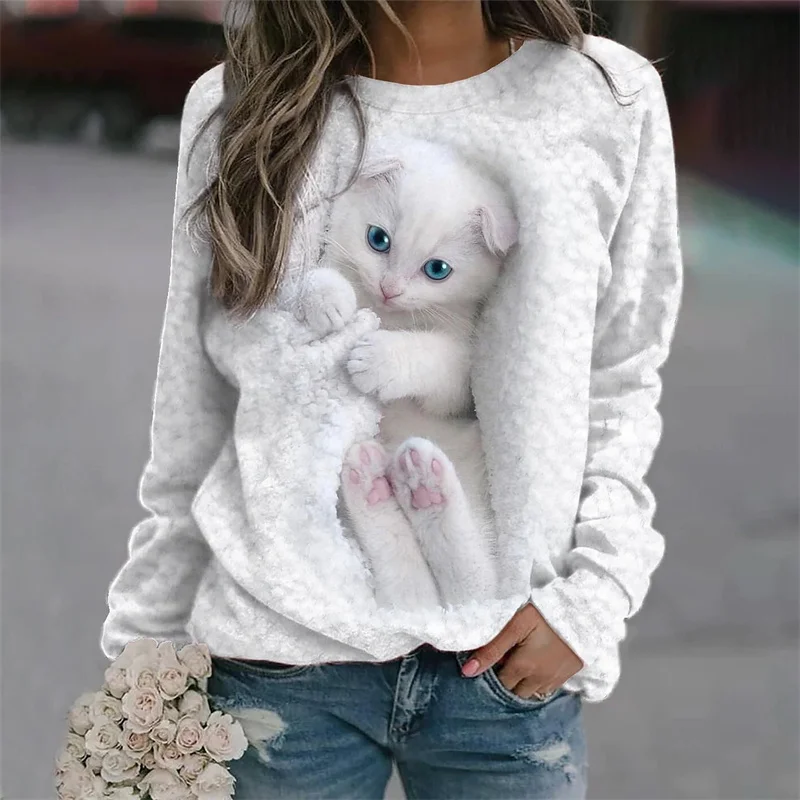 Top Trends: Casual Loose Sweatshirt Women&#039;s White Cute Cat Print Hoodie 2023 Autumn O Neck Splicing Long Sleeve 3D Animal Female Daily Tops Shoppable Styles