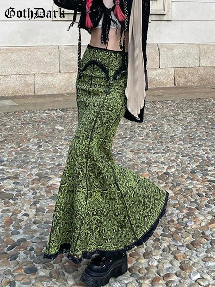 Top Trends: Goth Dark Fairycore Grunge Vintage Green Mermaid Skirts Gothic Aesthetic High Waist Women Sexy Long Skirt Ruffles Slim Partywear Shoppable Styles