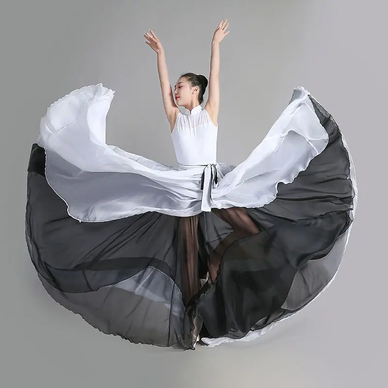 Top Trends: 360-720 Degree Chiffon Skirt Ballet Belly Dance Women Two Layer Color Splicing Long Skirts Dancer Practice Wear Dance Skirt Shoppable Styles