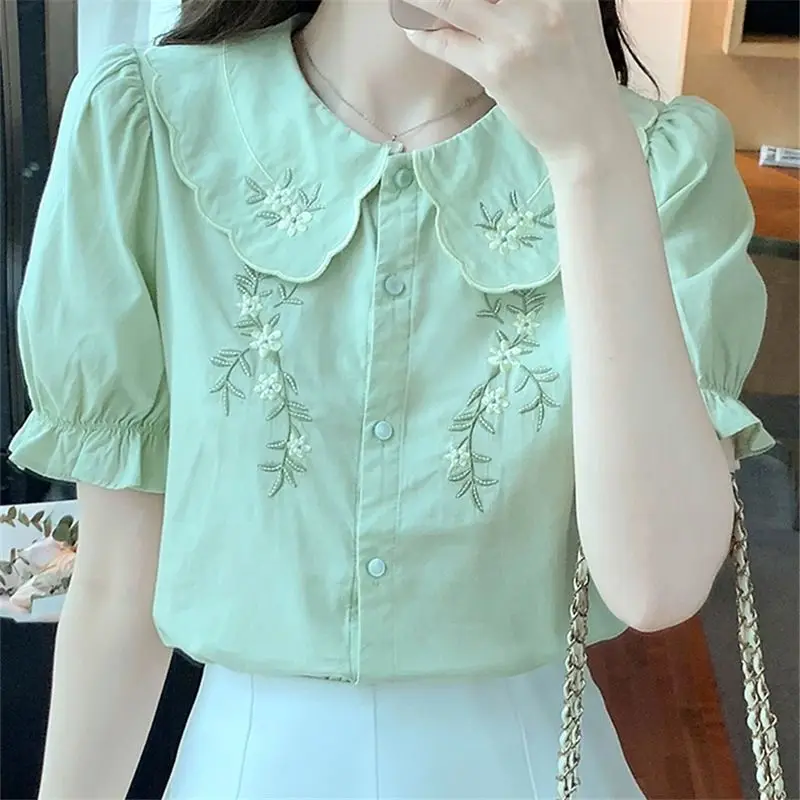 Top Trends: Sweet Peter Pan Collar Spliced Ruffles Embroidery Shirt Women's Clothing 2023 Summer New Casual Tops Loose Office Lady Blouse Shoppable Styles