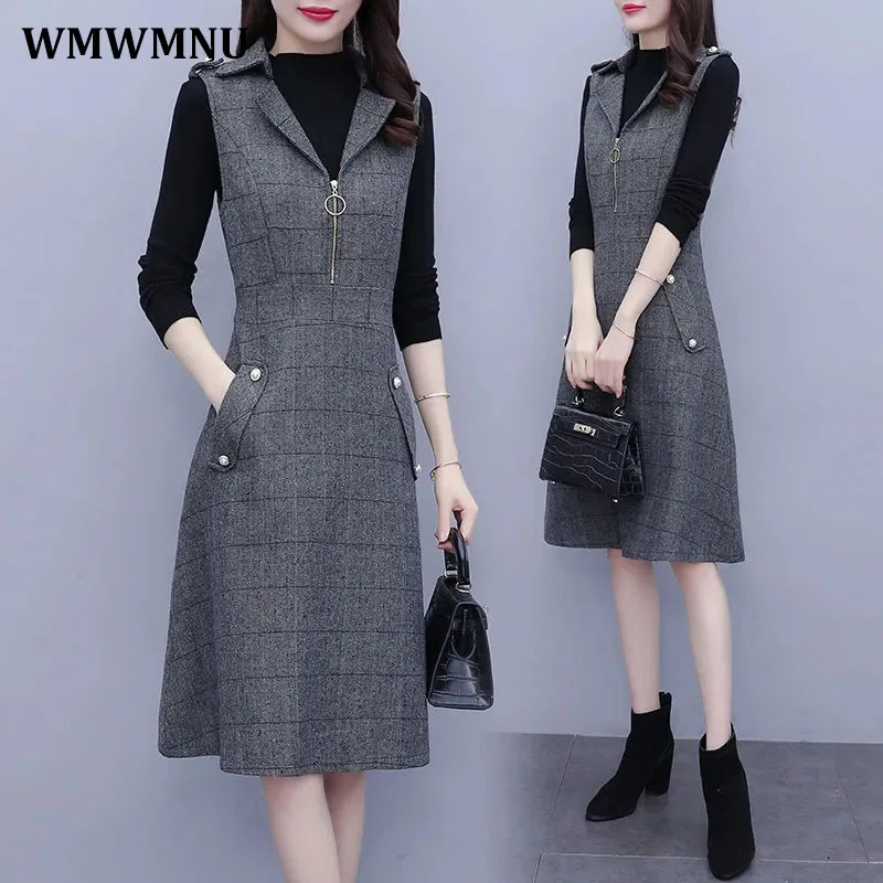 Top Trends: Elegant Plaid Woolen Tank Dress Suit Office Korean Slim Vest Dresses And Bottoming Sweater 2 Piece Set Women Vestido Outfit Shoppable Styles