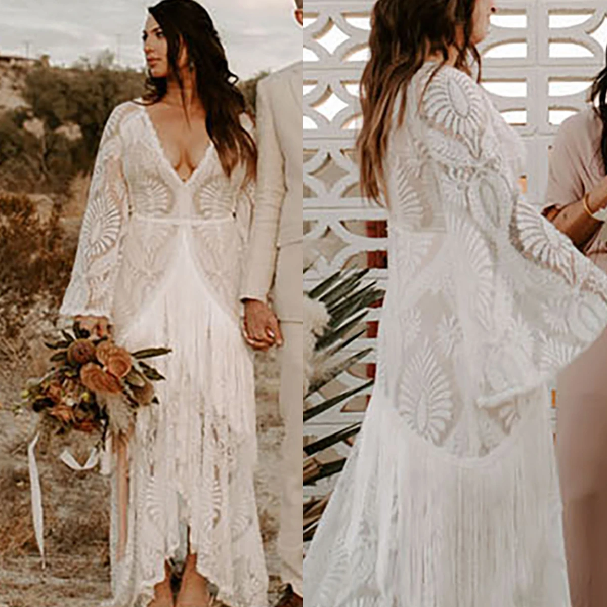 Top Trends: High Low Boho Lace Wedding Dresses With Long Batwing Sleeves Front Split Country Beach Bridal Gowns V-neck Summer Autumn Robe Shoppable Styles