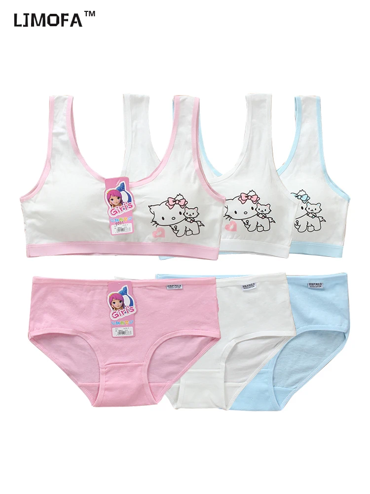 Top Trends: LJMOFA Girls Cute Underwear Set Kids Cotton Sports Training Bra Solid Color Letters Printed Neckline Teenage Briefs Panties B219 Shoppable Styles