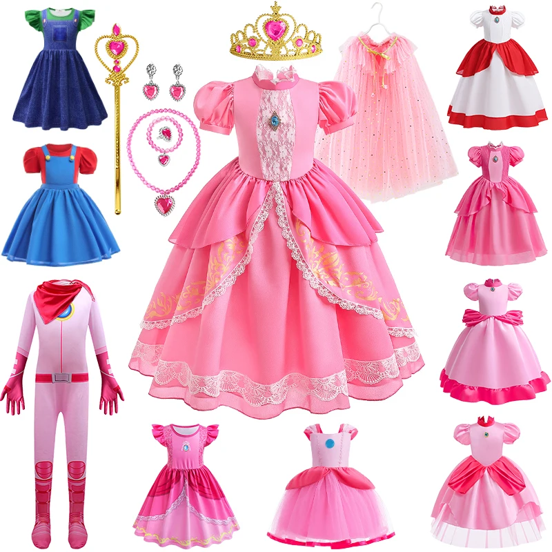 Top Trends: Disguised Child Pink Princess Peach Dress Halloween Cosplay Girl Luigi Brothers Super Bros Masquerade Stage Performance Costumes Shoppable Styles