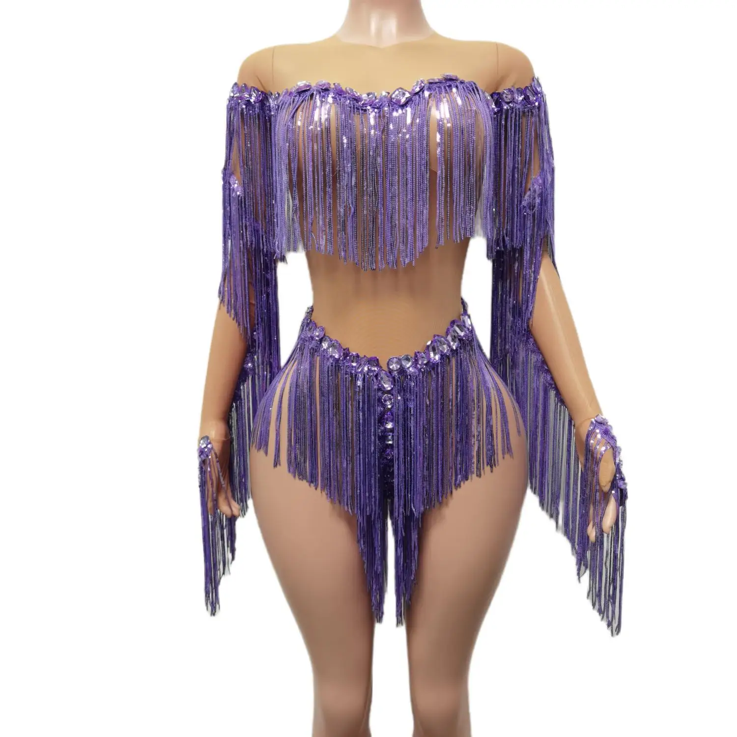 Top Trends: Purple Shining Rhinestones Tassel Bodysuits Women Fashion Show Model Clothing Sexy Stage Costume Jazz Dance Wears Weixiao Shoppable Styles