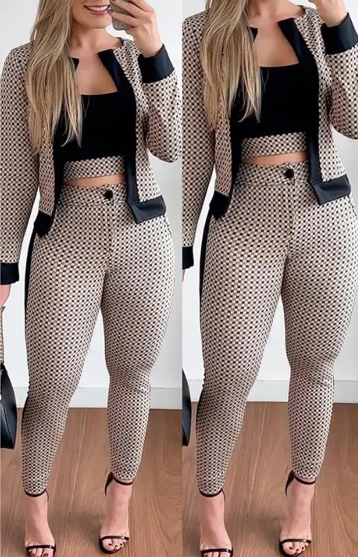 Top Trends: Two Piece Set Women Outfit Spring Fashion Plaid Print Contrast Paneled Open Front Long Sleeve Coat & Elegant Skinny Pants Set Shoppable Styles