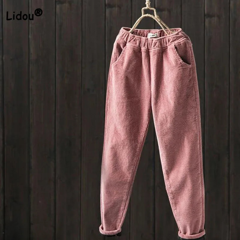 Top Trends: Autumn Winter Fleece Thick Solid Color Straight Pants For Women Corduroy Casual Harem Elastic Waist Trousers Female Clothing Shoppable Styles