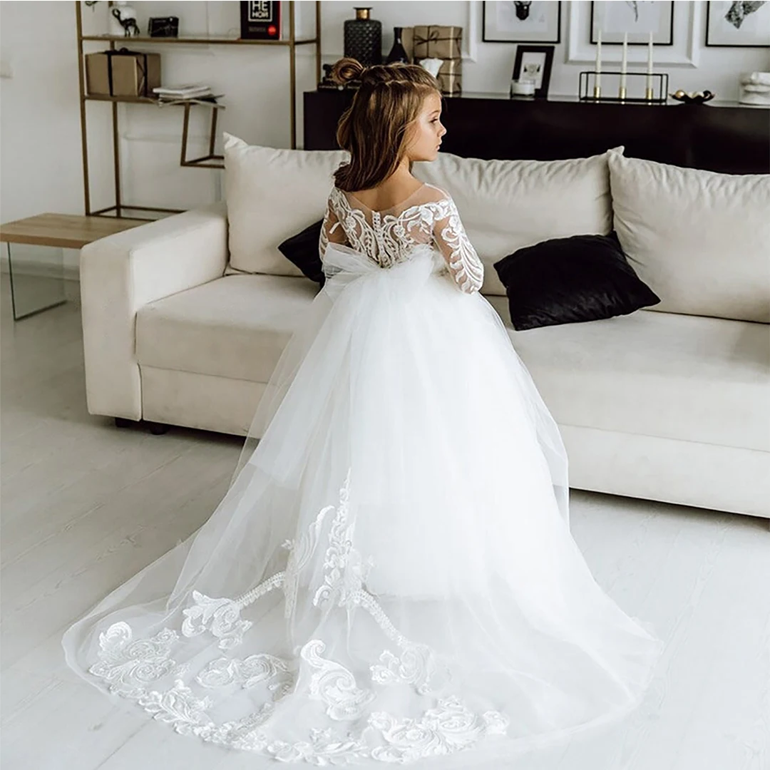 Top Trends: FATAPAESE White Kids Bridesmaid Dress For Girls Flower Long Sleeve Floral Lace Tulle A Line Gown Appqulies Wedding Even 2022 Shoppable Styles