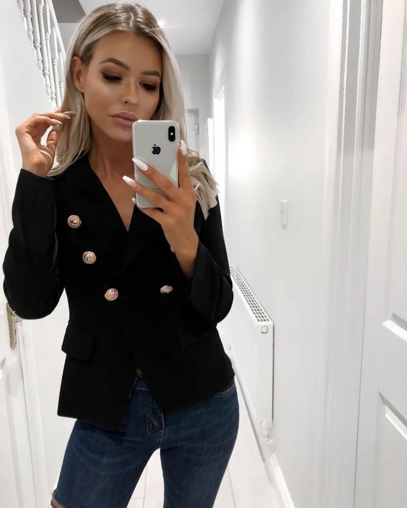 Top Trends: Slim Blazer Women Solid Colors Double Breasted Casual Office Blazer With Fake Pocket 2021 Plus Size Work Wear Formal Clothing Shoppable Styles