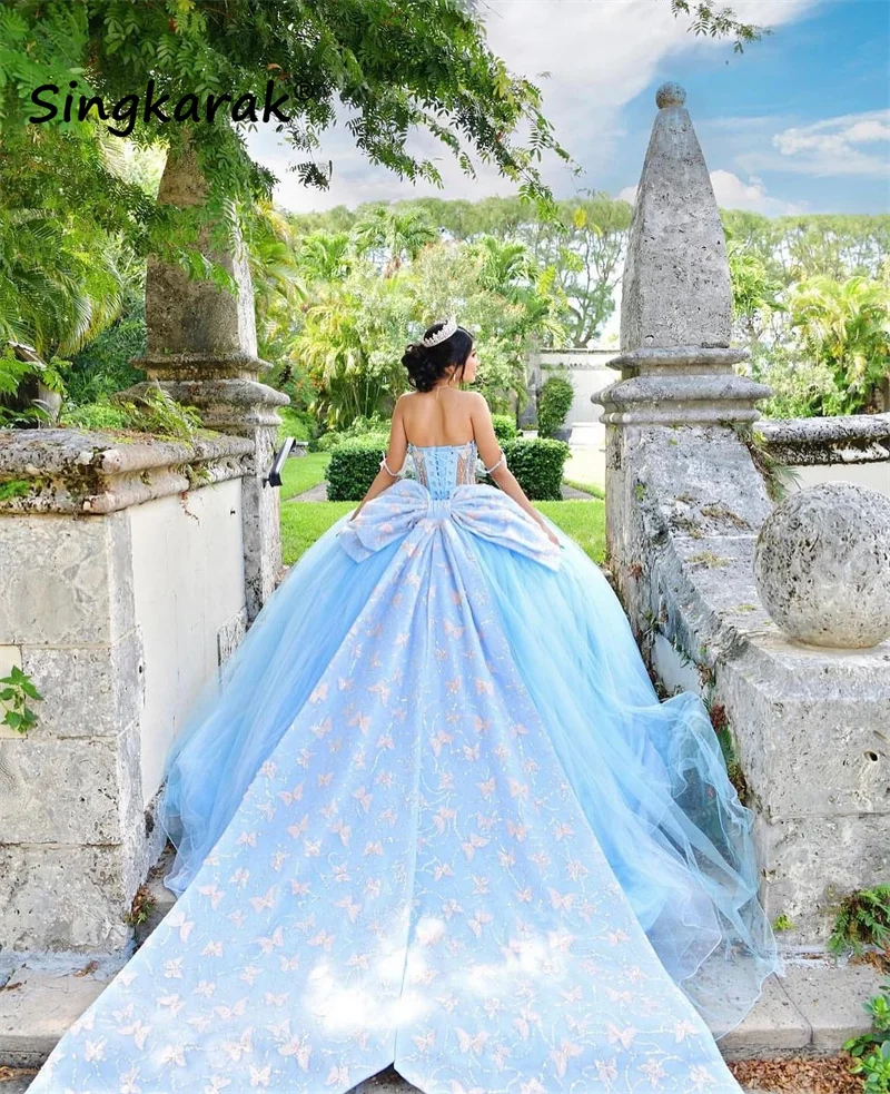 Top Trends: Sky Blue Princess Quinceanera Dress Butterfly Appliques Beads Crystal Birthday Prom Sweet 16 Gown Vestidos De 15 Años Corset Shoppable Styles