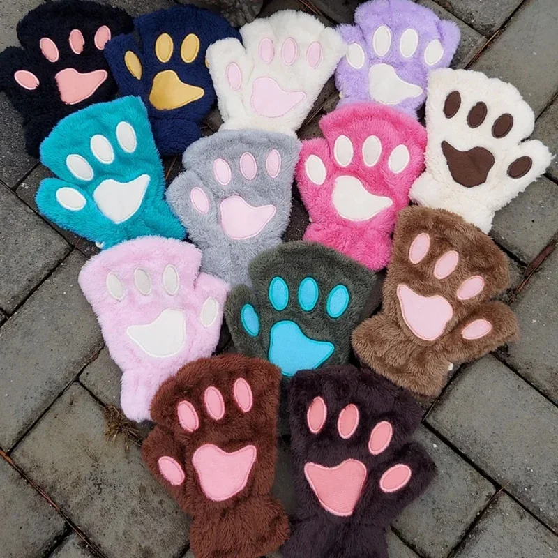 Top Trends: Women Cute Soft Cat Claw Paw Gloves Plush Mittens Warm Plush Short Fingerless Fluffy Bear Cat Gloves Costume Half Finger Party Shoppable Styles