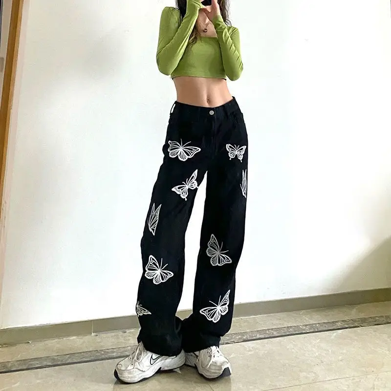 Top Trends: Streetwear Fashion Women Black Jeans High Waist Butterfly Pattern Spring Autumn Pants Korean New Vintage Loose Wide Leg Trousers Shoppable Styles