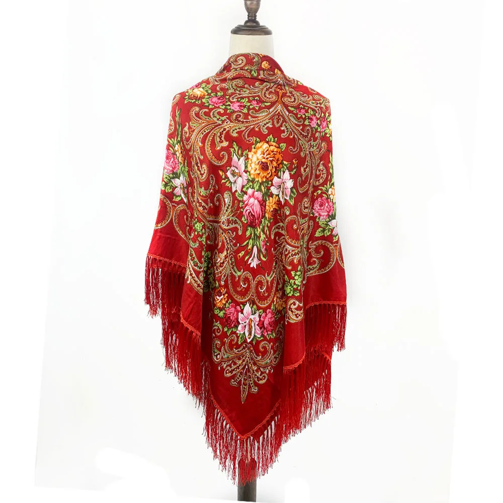 Top Trends: 155*155cm Women Russian National Square Scarf Retro Floral Print Ukrainian Shawl Traditional Babushka Handkerchief Fringed Wraps Shoppable Styles