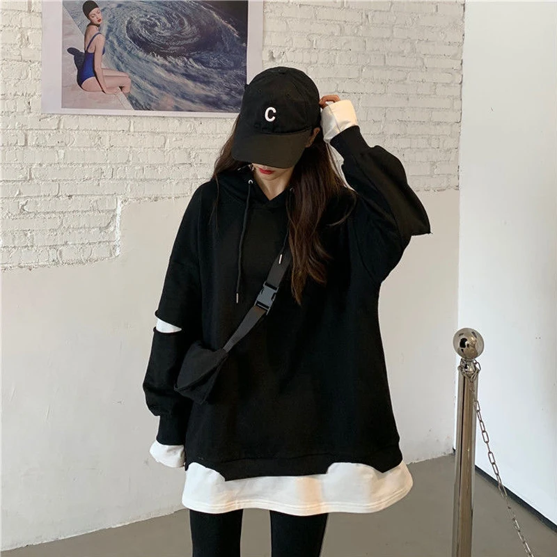 Top Trends: Autumn New Contrast Lazy Style Fake Two Piece Top Hoodies Long Sleeve Loose Patchwork Pullovers Casual Fashion Women Clothing Shoppable Styles