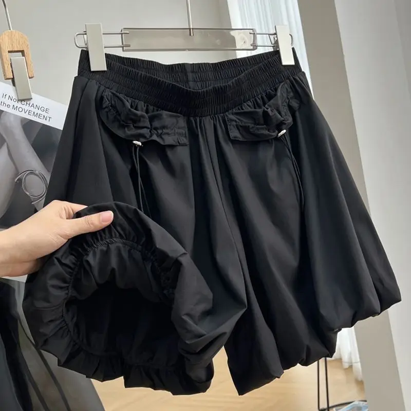 Top Trends: Summer New Elastic Waist Pleated Shorts Solid Color Loose Pockets Patchwork Wide Leg Hot Pants Casual Fashion Women Clothing Shoppable Styles