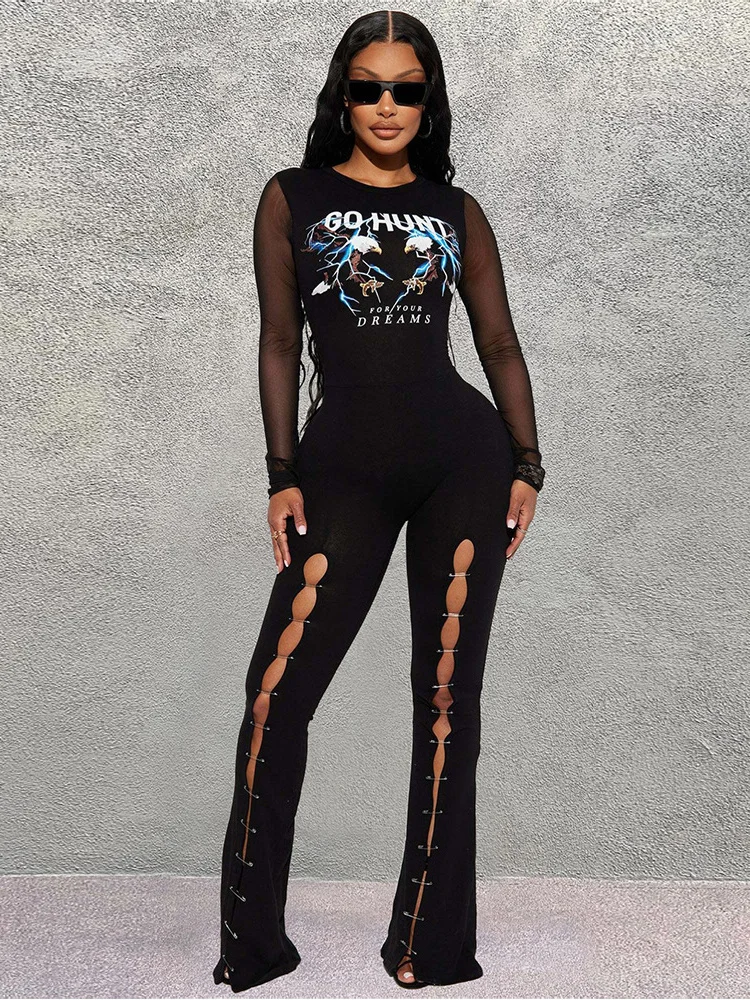 Top Trends: Sibybo Women's Ripped Stitching Jumpsuit Personalized Printed Mesh Long-sleeve Flared Pants Fall Fashion Ladies Streetwear Shoppable Styles