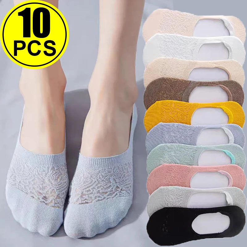 Top Trends: 5pairs Summer Flower Hollow-out Socks Women Invisible Short Socks Low Boat Sox Silicone Non-slip Shallow Transparent Thin Socks Shoppable Styles