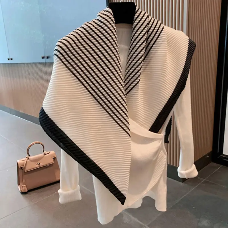 Top Trends: Autumn And Winter Fashion All-match Pleated Striped Scarf, Summer Sunscreen Shawl, Triangle Square Scarf, Female Silk Scar Shoppable Styles