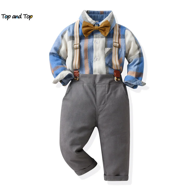 Top Trends: Top And Top Toddler Kids Boys Gentleman Clothing Sets Long Sleeve Plaid Bowtie Shirts+ Suspenders Pants Outfits For Christmas Shoppable Styles