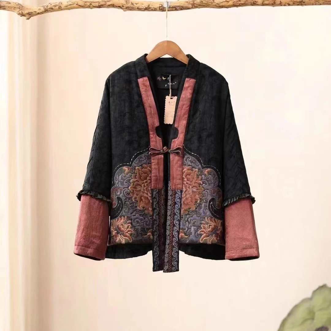 Top Trends: TOP Women's Winter Coat Embroidered Ethnic Style Jacquard Cotton Coat Black Loose Quilted Jacket Luxury Designer Padded Clothes Shoppable Styles