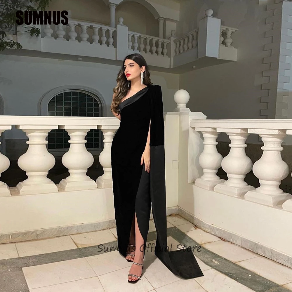 Top Trends: SUMNUS Simple Black Velvet Evening Dresses Dubai Arabic One Shoulder Split Long Cape Sleeve Ankle-Length Prom Gowns For Women Shoppable Styles