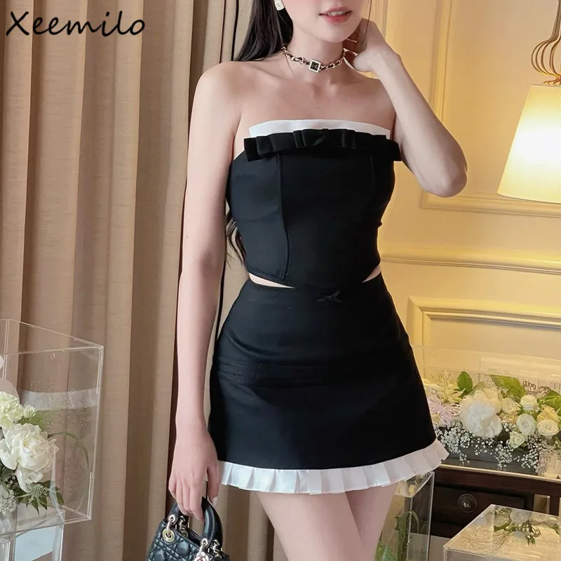 Top Trends: Xeemilo 2023 Evening Party Women 2 Piece Set Elegant Slash-neck Black White Patchwork Tank Top With Pleated Hem High-waist Skirt Shoppable Styles