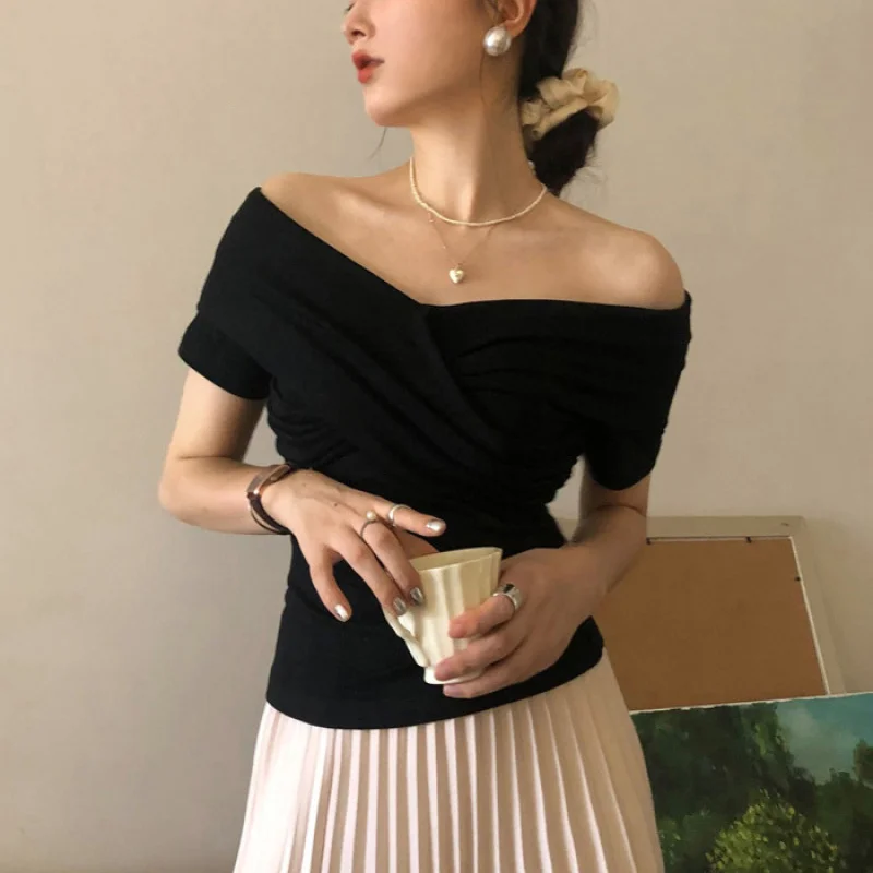 Top Trends: BEENLE Summer Woman New Vintage One-line Shoulder Neck Short Sleeve T-shirt Elegant Off-shoulder Blouses Cross Solid Tees Top Shoppable Styles