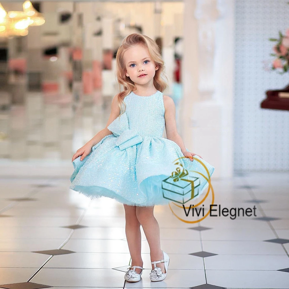 Top Trends: Sky Blue Cute Flower Girl Dresses Summer Tiered Glitte Sleeveless Wedding Party Gowns 2023 Summer New Communion فساتين بنات صغا Shoppable Styles