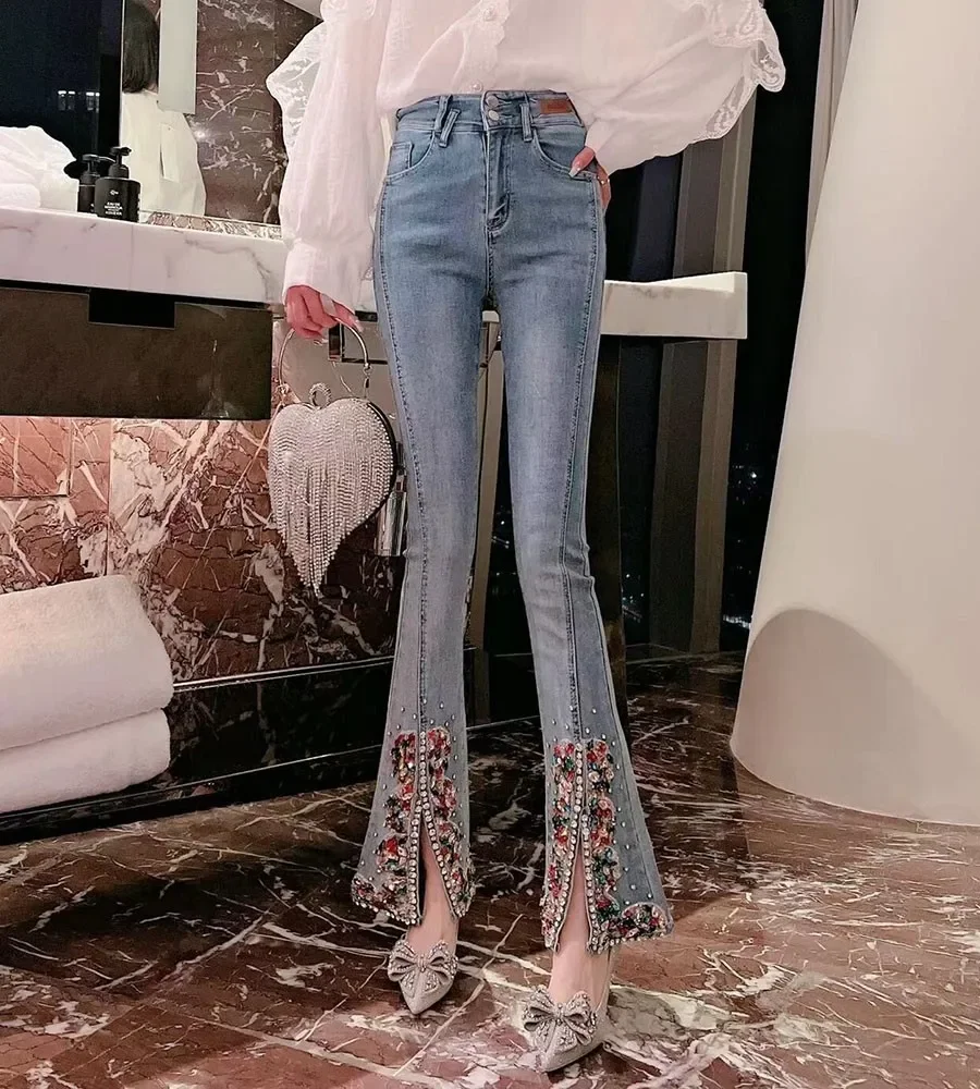 Top Trends: Flare Jeans For Women 2023 Spring New Korean Style Sweet Denim Pants Heavy Industry Colorful Crystals Slit Bootcut Trousers Shoppable Styles - Image 4