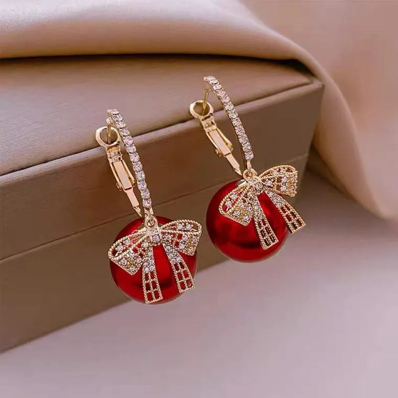 Top Trends: Fashion Crystal Bow Knot Drop Earrings For Women Exquisite Red Pearl Bowknot Earring Party Christmas New Year Jewelry Gifts Shoppable Styles