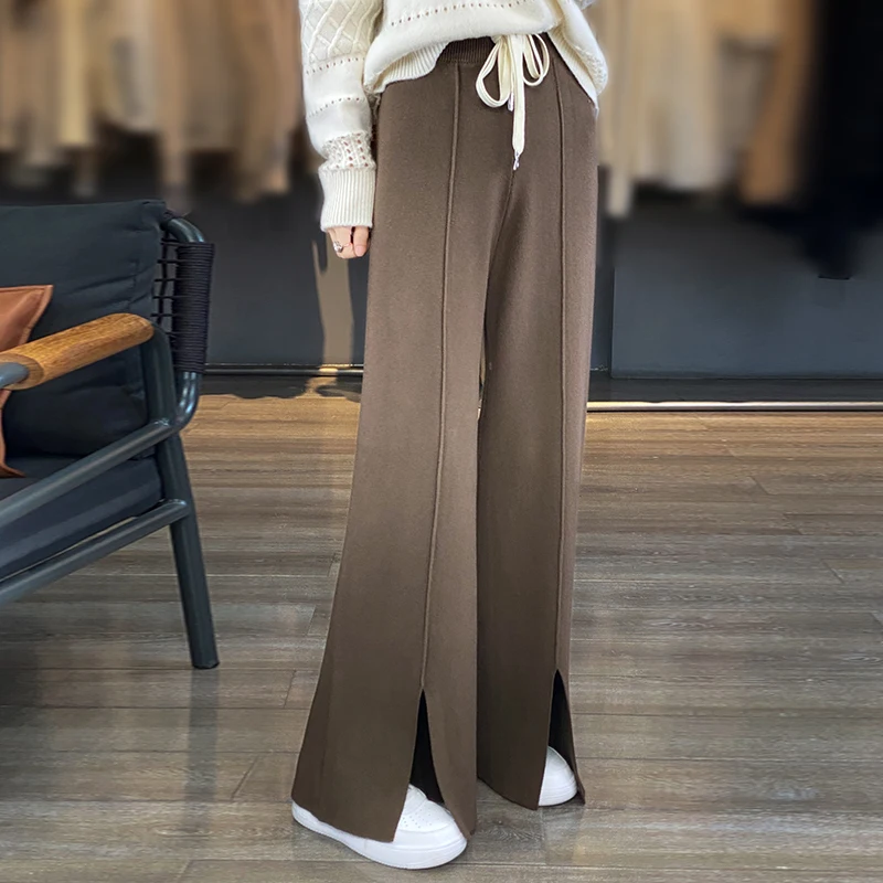 Top Trends: Winter 2023 New Women's Woolen Fleece Warm Pants Elastic Waist Drawstring Autumn Chic Female Casual Mid Line Slit Wide Leg Pants Shoppable Styles