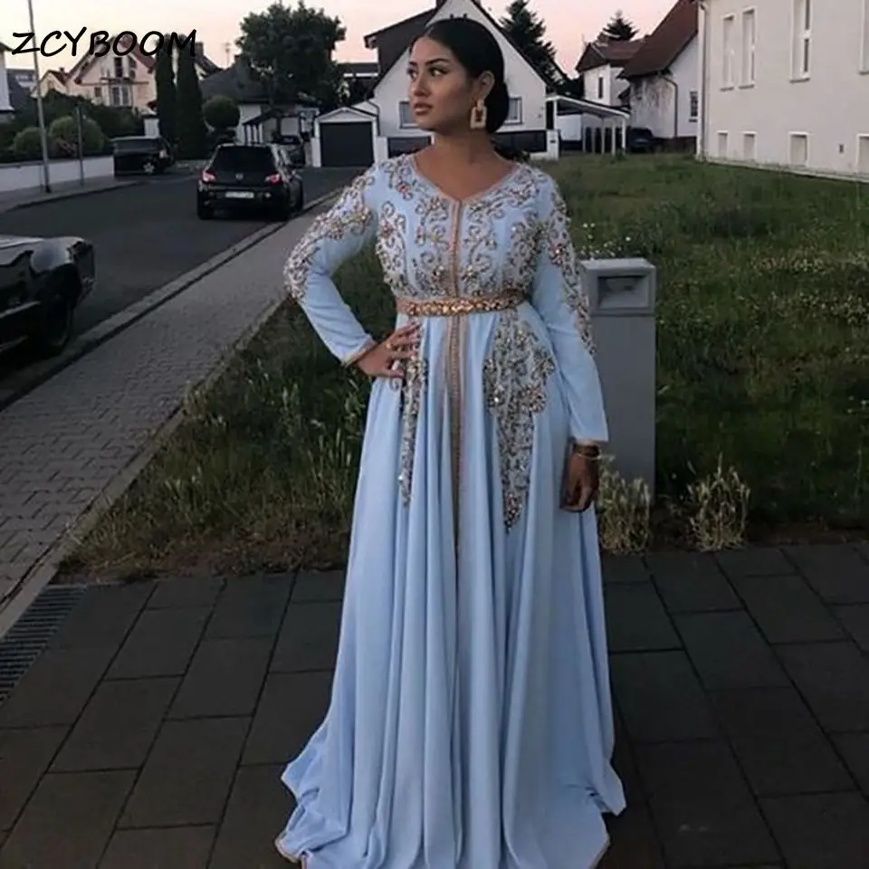 Top Trends: Light Blue Moroccan Caftan Formal Evening Dresses V-Neck Sparkly Gold Appliques Arabic Muslim Party Guest Banquet Prom Gowns Shoppable Styles