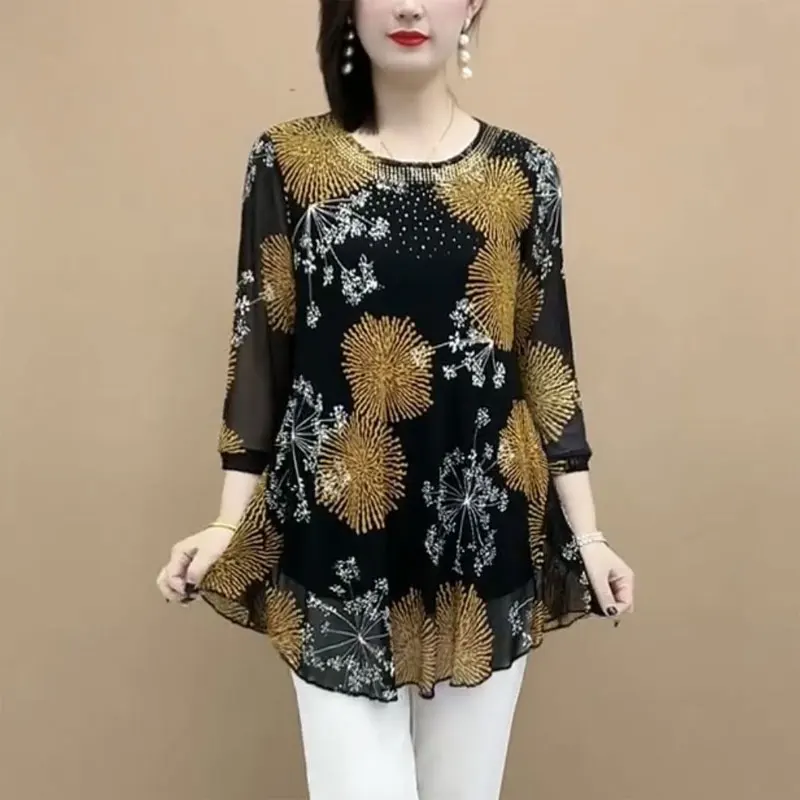 Top Trends: Spring Summer Round Neck Blouse Casual 3 / 4 Sleeve Commute Female Clothing Loose Vintage Printed Stylish Gauze Diamonds Shirt New Shoppable Styles