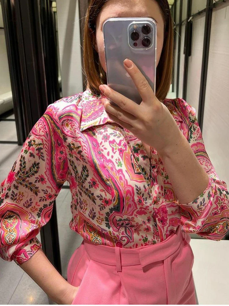 Top Trends: Pink Paisley Satin Ladies Blouse Fashion Spring Long Sleeve Turn Down Collar Casual Women Shirts Vintage Female Tops 2022 New Shoppable Styles