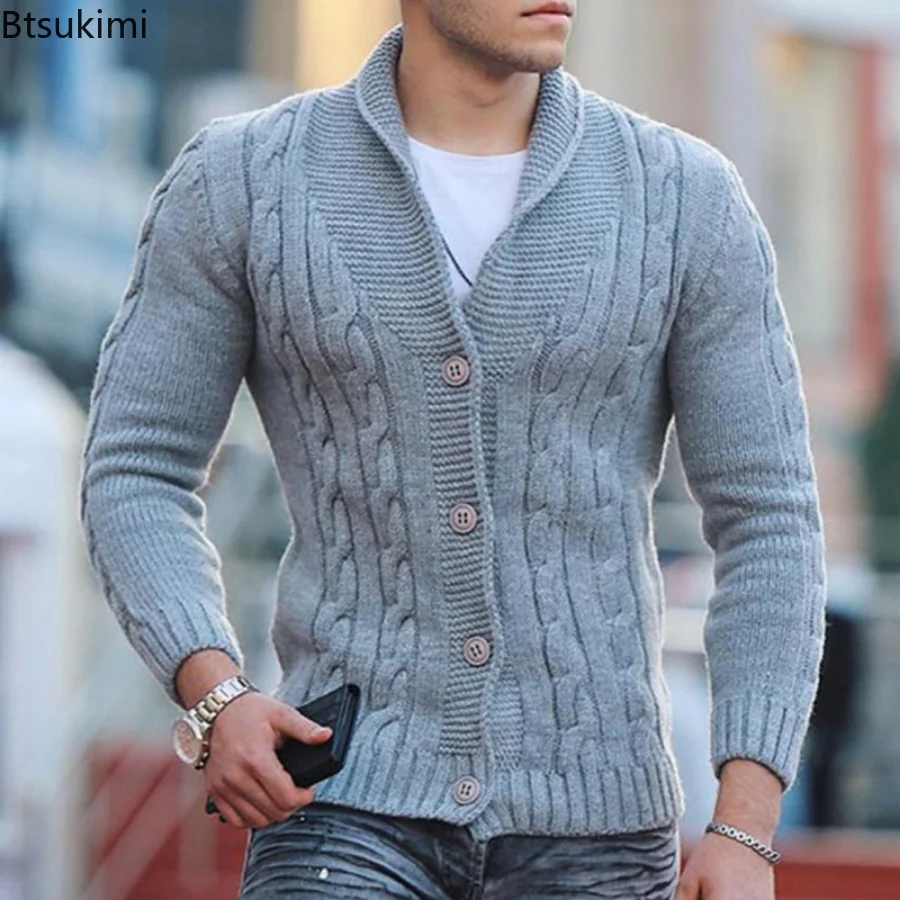 Top Trends: Autumn Winter Men's Warm Knitted Sweater Solid Single-breasted Twisted Texture Cardigan Lapel Slim Buttoned Thick Sweater Male Shoppable Styles