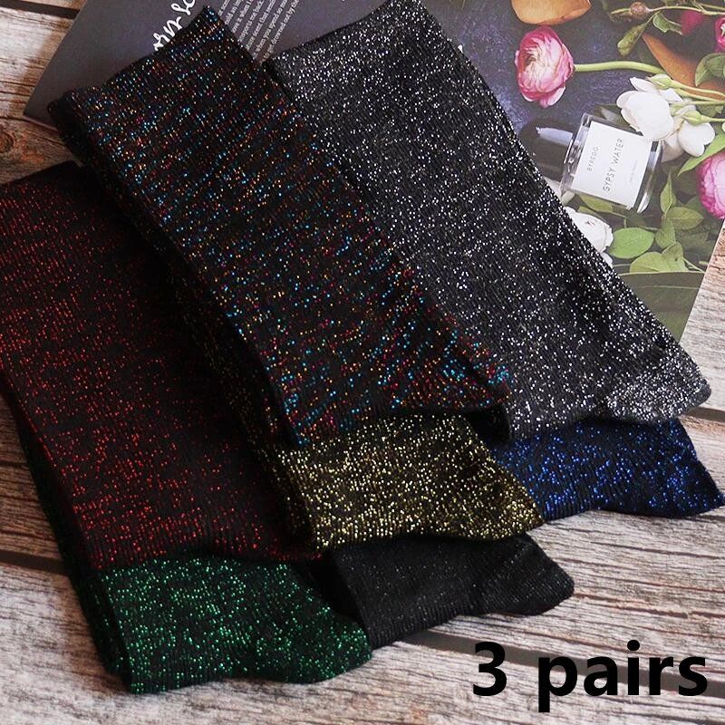 Top Trends: 3 Pairs Luxurious Sexy Flash Socks Korean Fashion Filigree Socks Solid Color Thick Women's Long Socks Shoppable Styles