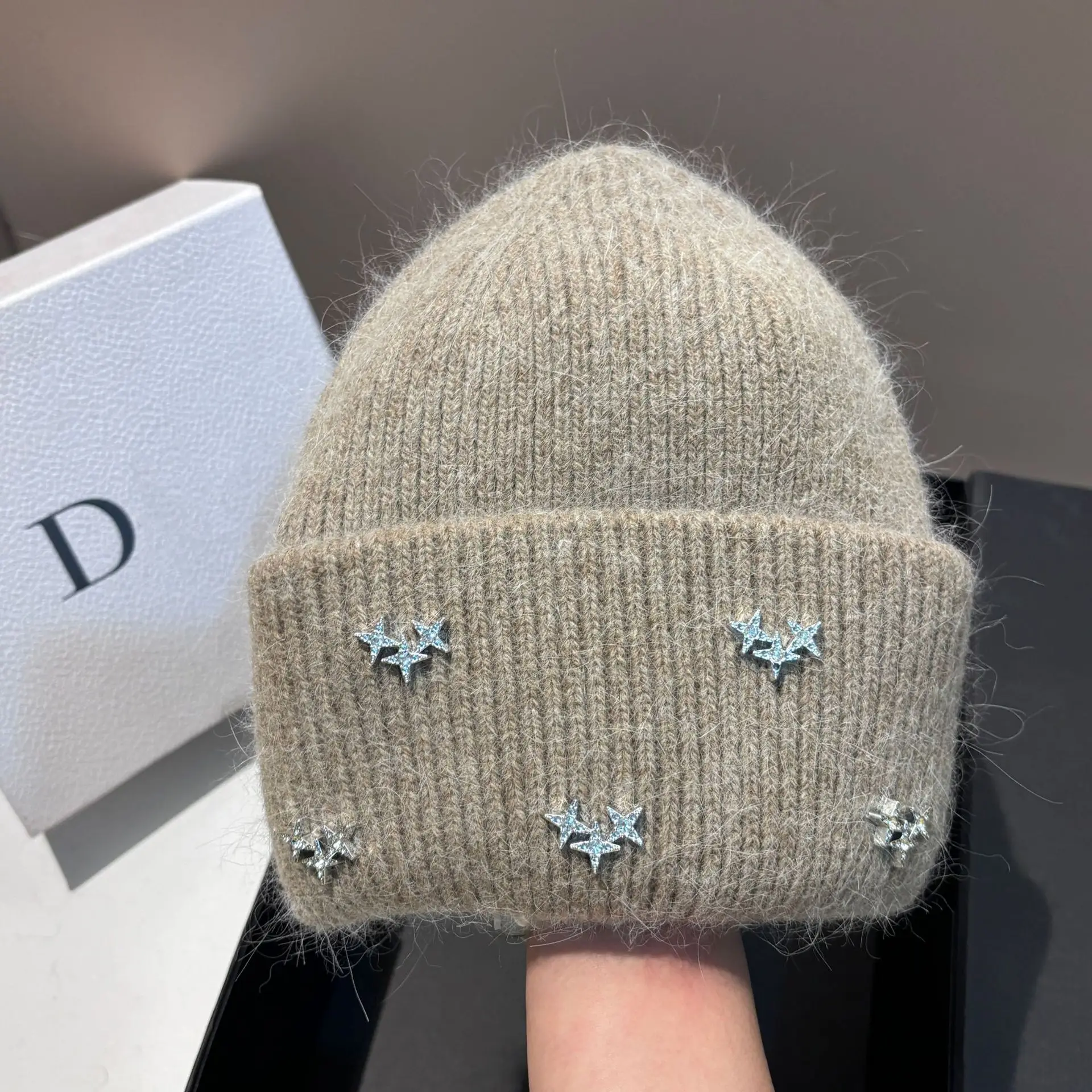 Top Trends: Solid Color Real Rabbit Fur Beanies Winter Hats For Woman Luxury Rhinestones Letter Knit Bonnet Lady Autumn Winter Warm Skullies Shoppable Styles