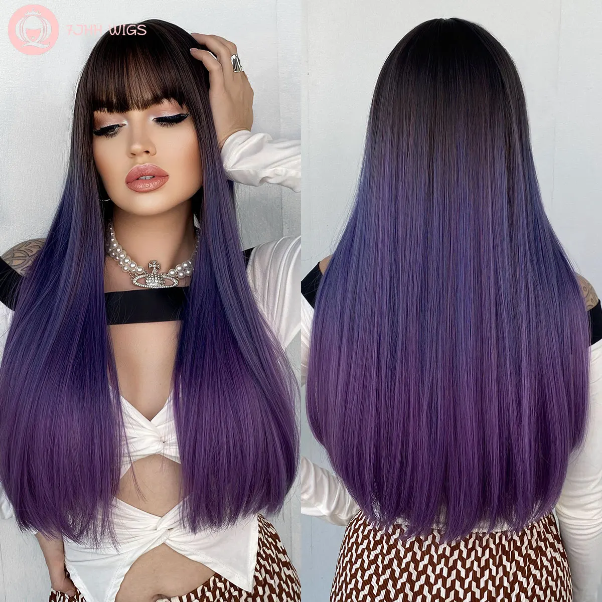 Top Trends: 7JHH WIGS Purple Wig For Women Long Straight Wig With Bangs Synthetic Ombre Colored Wigs For Cosplay Party 26 Inch Ombre Purple Shoppable Styles