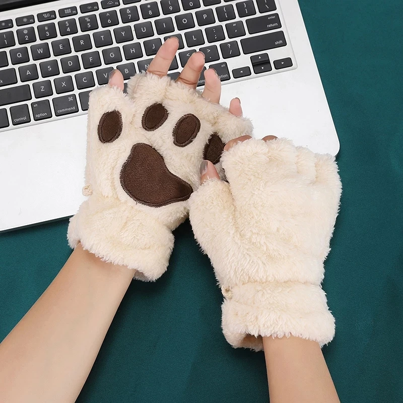 Top Trends: Rimiut Cartoon Cat Claw Gloves For Women Girls Thickened Plush Lovely Style Bear Paw Exposed Fingers Half Finger Winter Gloves Shoppable Styles