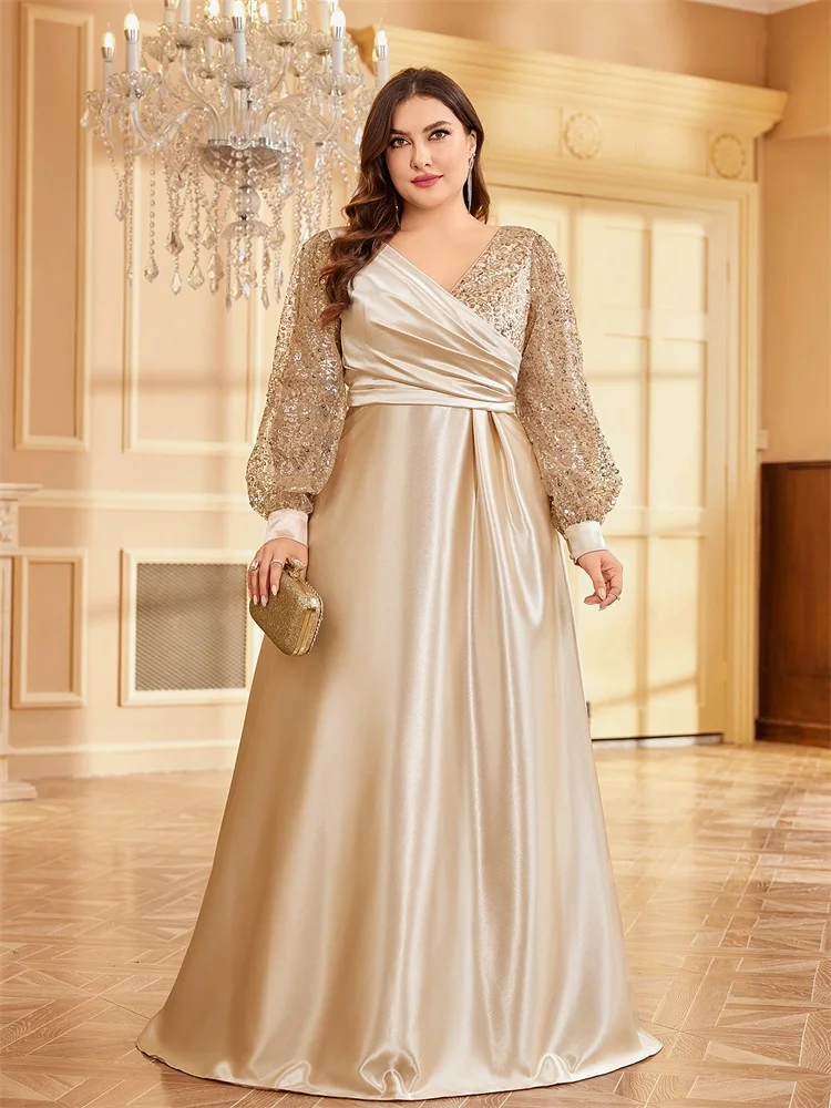 Top Trends: Lucyinlove Plus Size Luxury Gold V-Neck Sequin Evening Dress Elegant Women Party Maxi Dress Long Sleeve Cocktail Dress Prom Gown Shoppable Styles