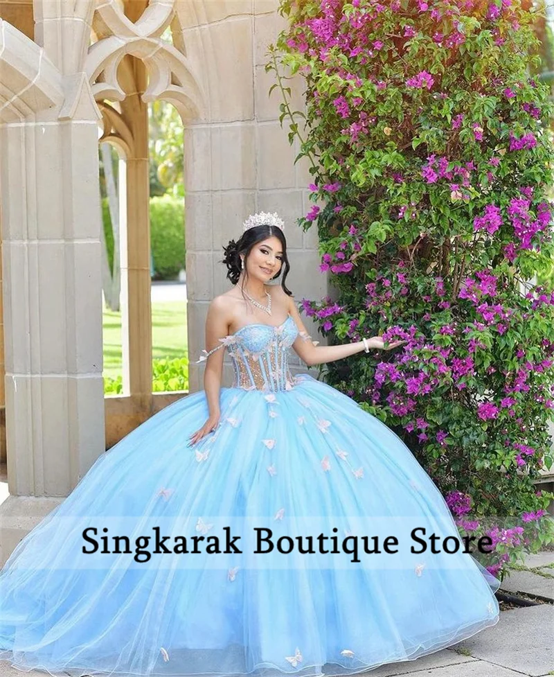 Top Trends: Sky Blue Princess Quinceanera Dress Butterfly Appliques Beads Crystal Birthday Prom Sweet 16 Gown Vestidos De 15 Años Corset Shoppable Styles - Image 3